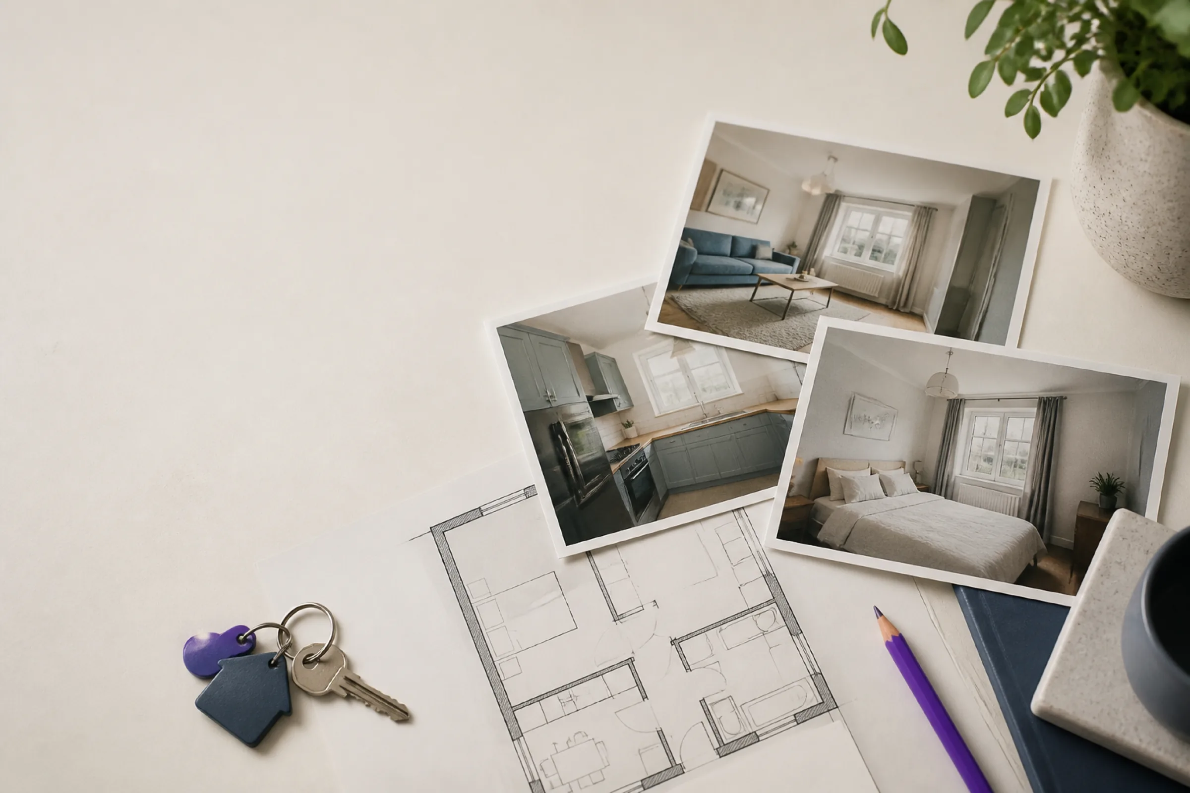 Home photographs, a floor plan, and keys arranged on a desk