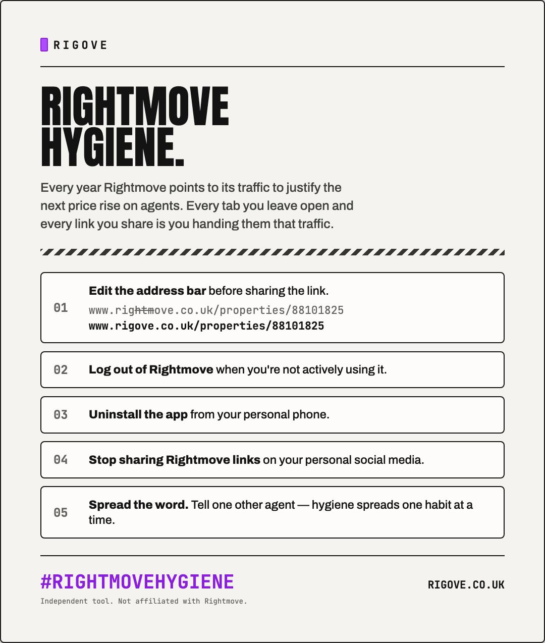 Rightmove Hygiene checklist graphic: five numbered habits for estate agents, ending with #RightmoveHygiene
